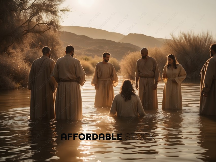 Religious figures in robes standing in a body of water