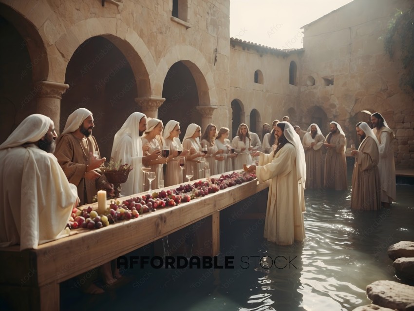 A group of people dressed in white robes are standing in front of a table with fruit on it