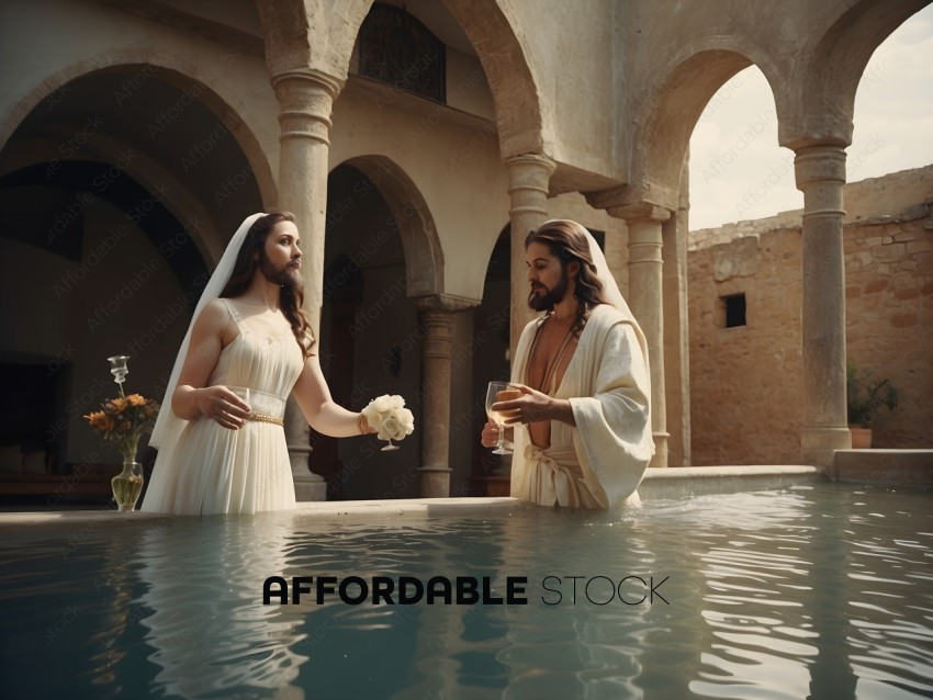 A man and a woman in wedding attire are standing in a pool