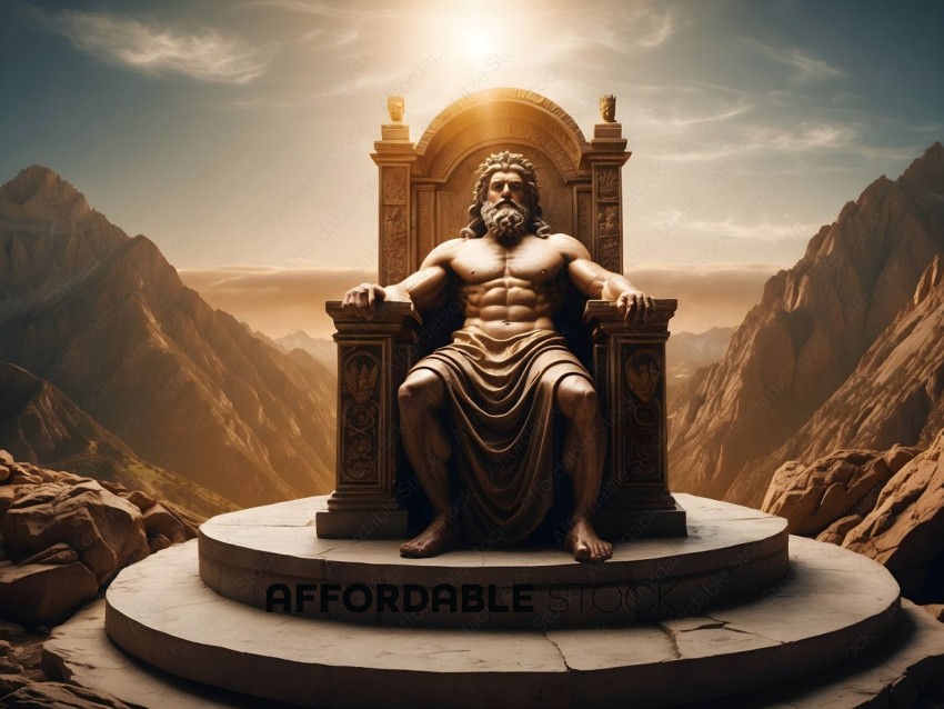 A muscular man sits on a throne in front of a mountain range