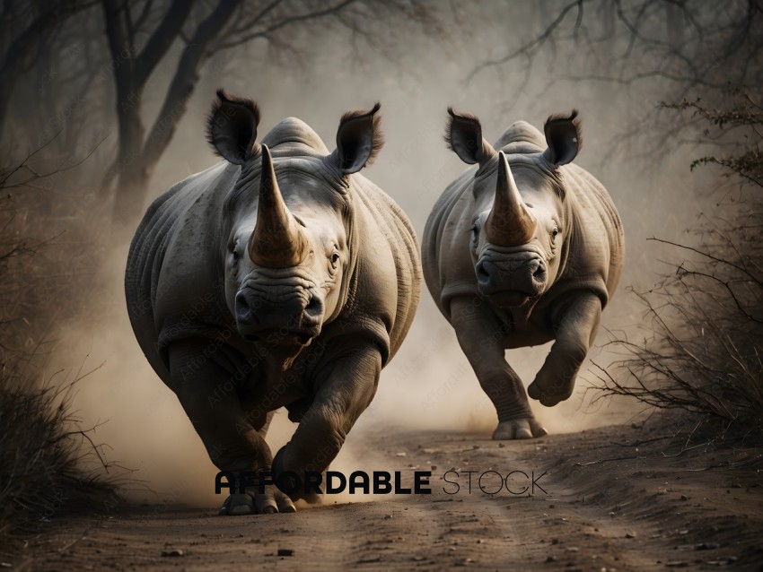 Two Rhinos Running on Dirt Road
