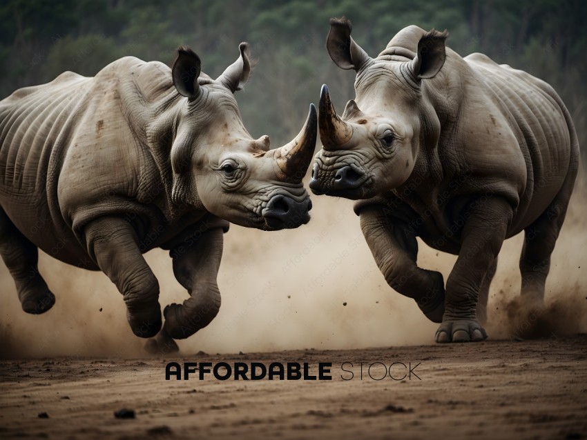 Two Rhinos Fighting in the Dirt
