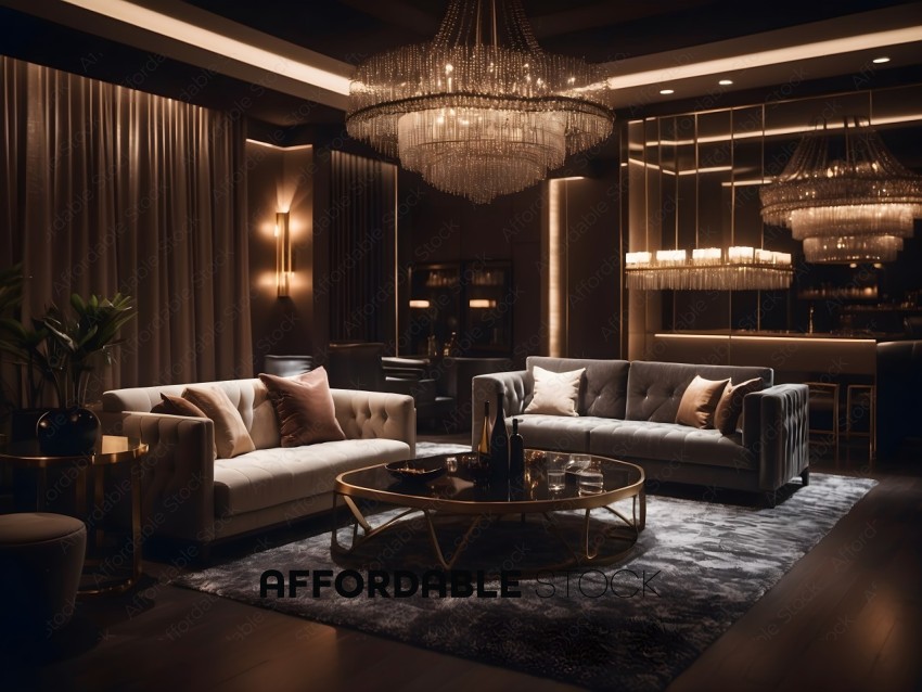 A luxurious living room with a chandelier and two couches