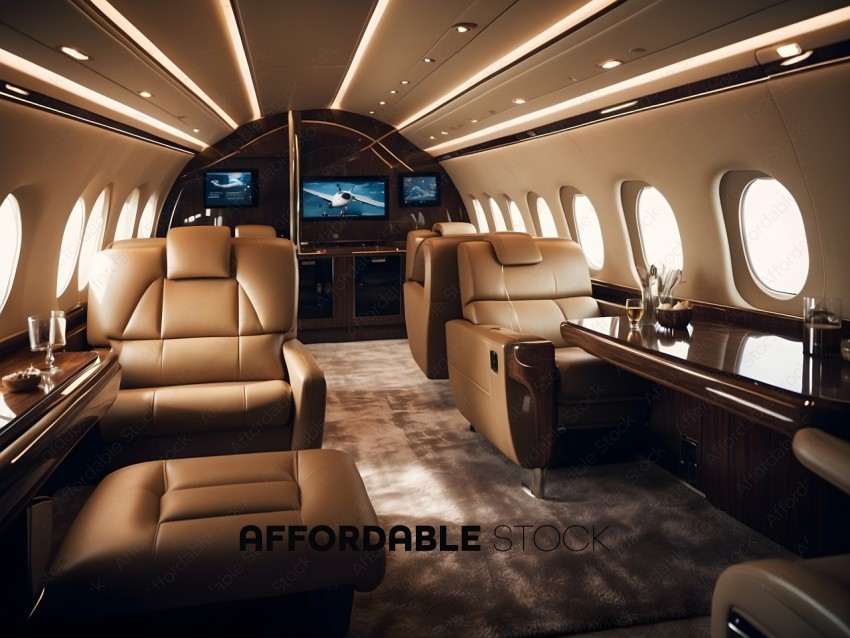 A luxurious airplane interior with a bar and two televisions
