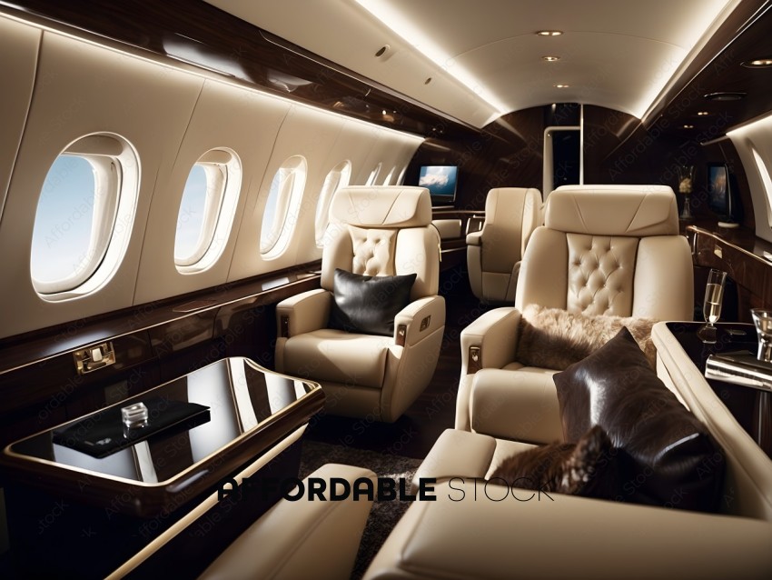 A luxurious airplane cabin with a brown leather couch and a glass table