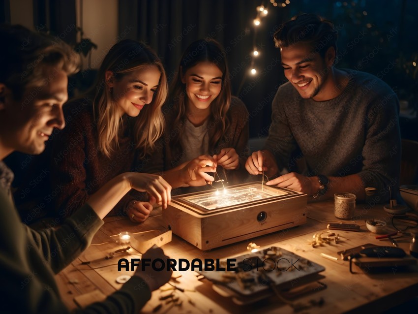 Four people playing a game at night