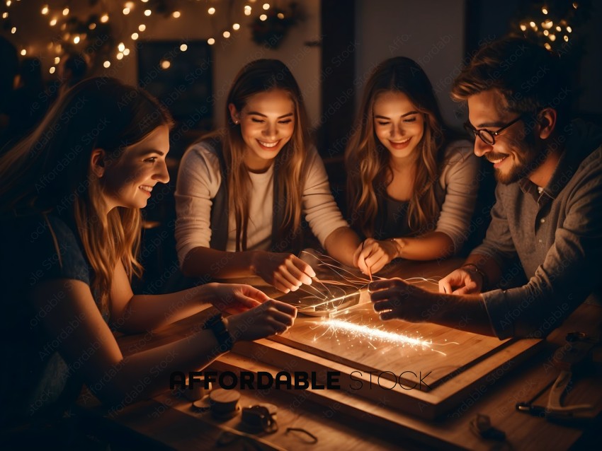 Four people playing a game with a board and sparklers