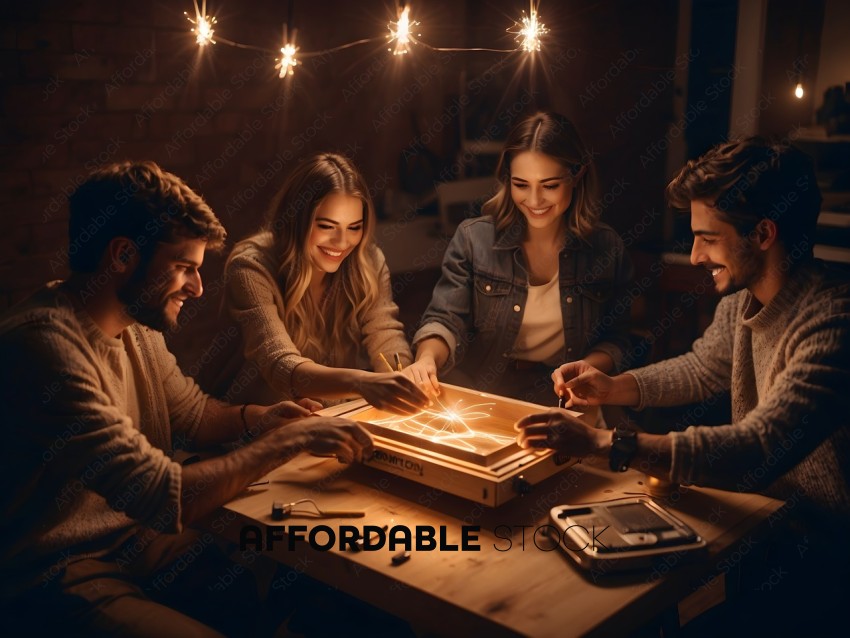 Four friends playing a board game together