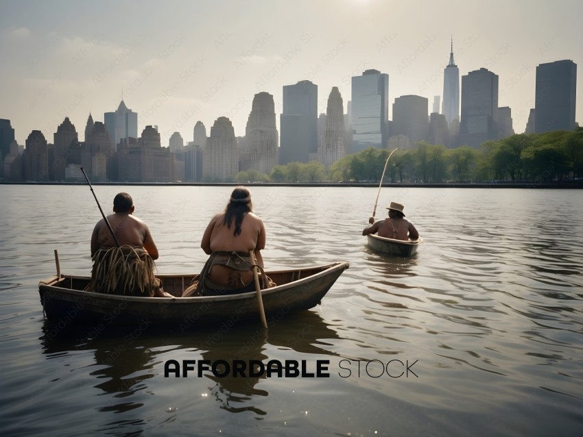 Three Native American men in a canoe on a river in a city