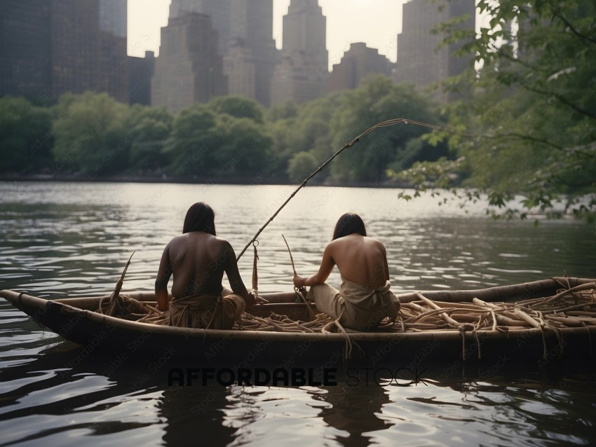 Two Native American Women in a Canoe on a Lake