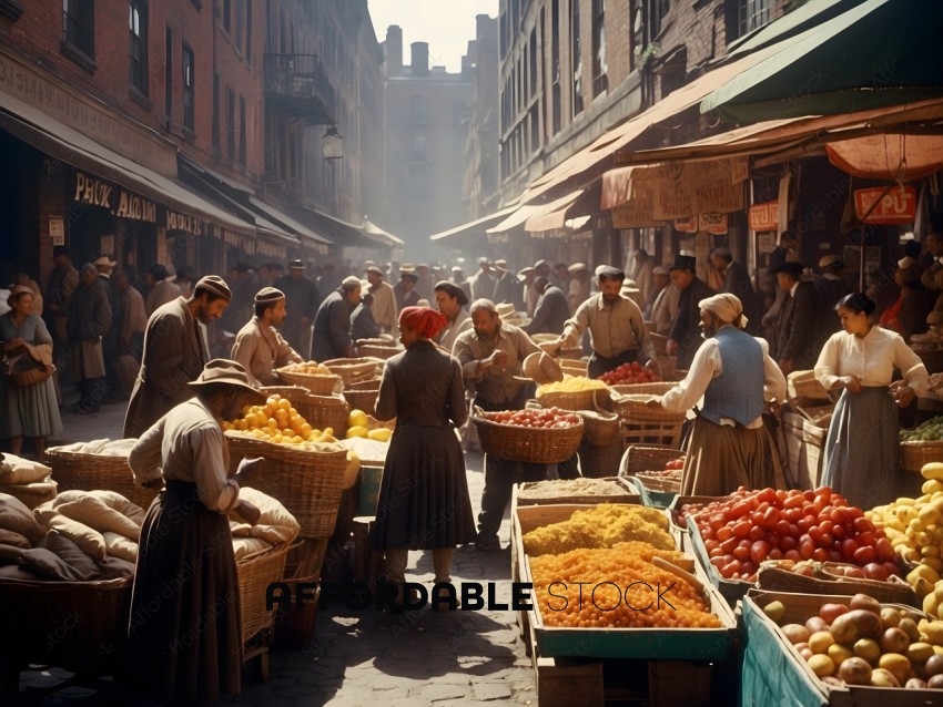 Marketplace with people shopping for fruits and vegetables