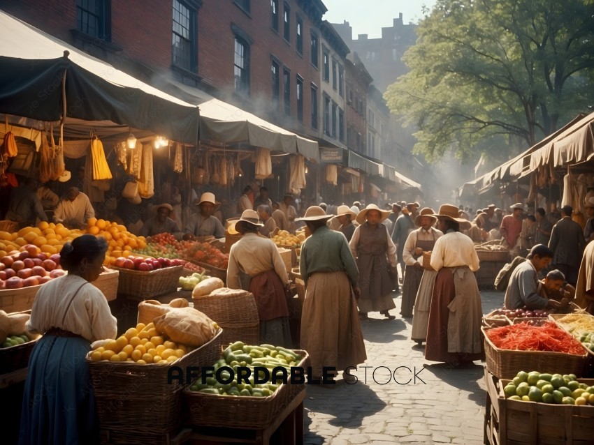 A Marketplace with People Shopping for Fruit