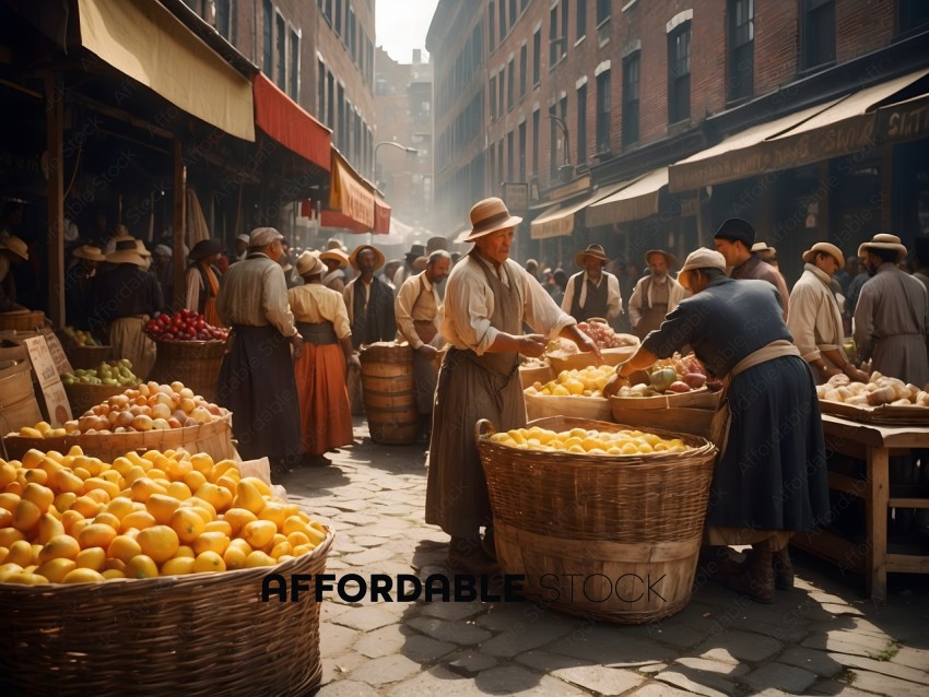 Men in period clothing selling fruit in an outdoor market