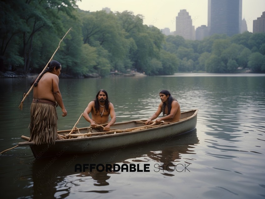 Three Native American men in a canoe