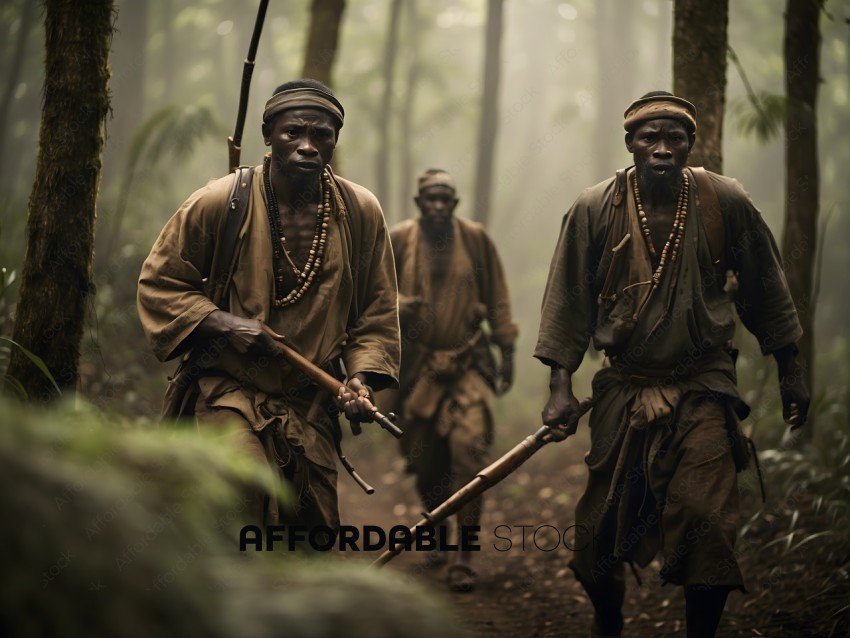African Tribesmen Walking in the Jungle