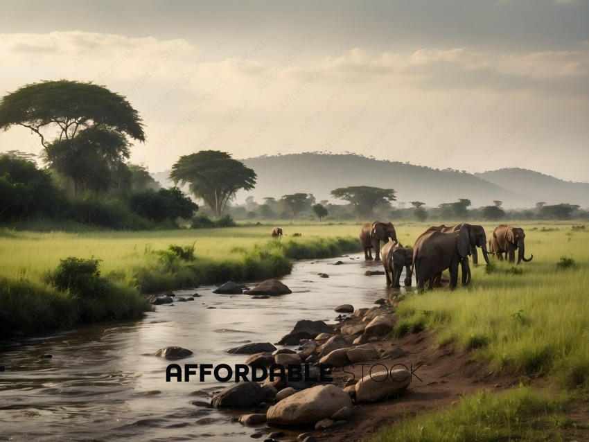 Elephants walking through a river