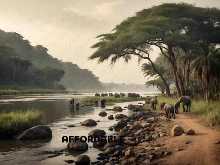 Elephants walking along a river bank