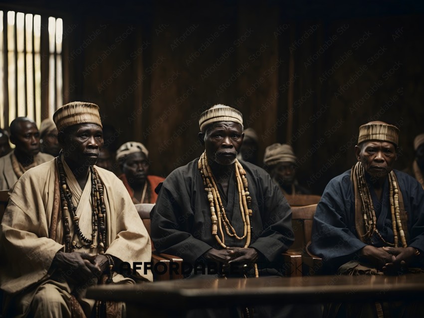 African men in traditional garb sit in a courtroom