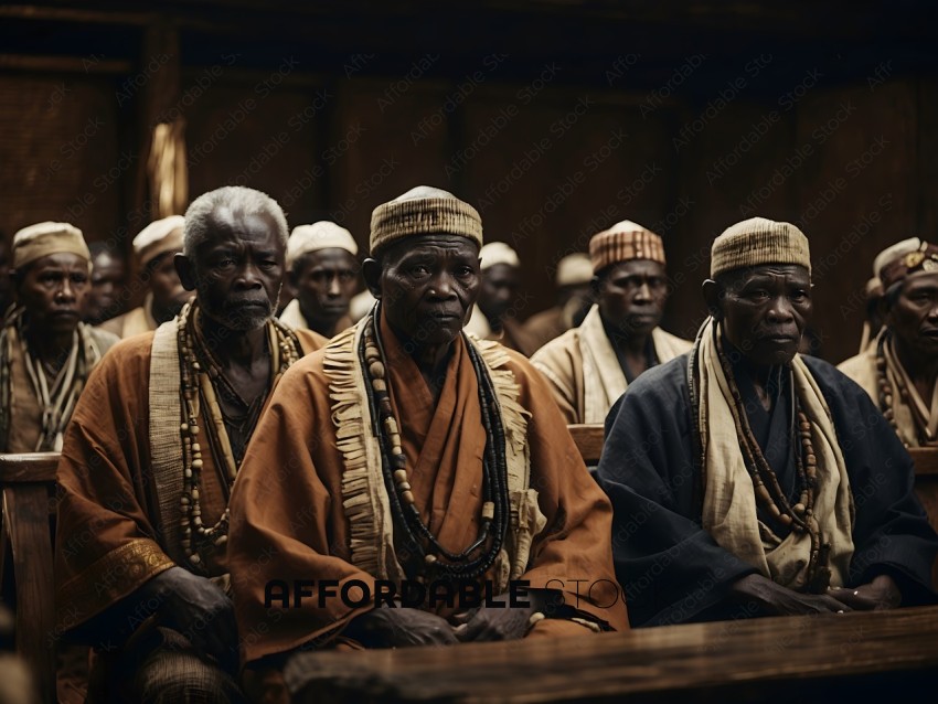 African men in traditional garb sitting in a line