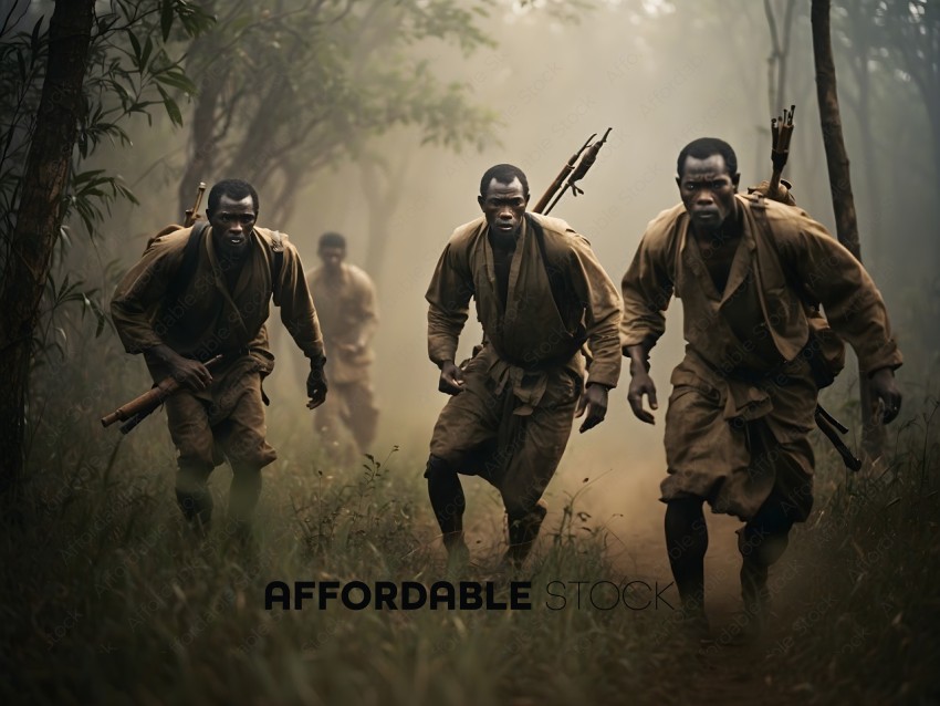 African Warriors Running Through Jungle