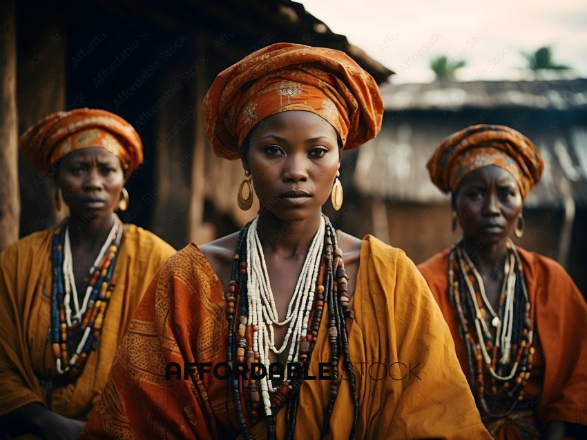 Three African women wearing colorful head wraps