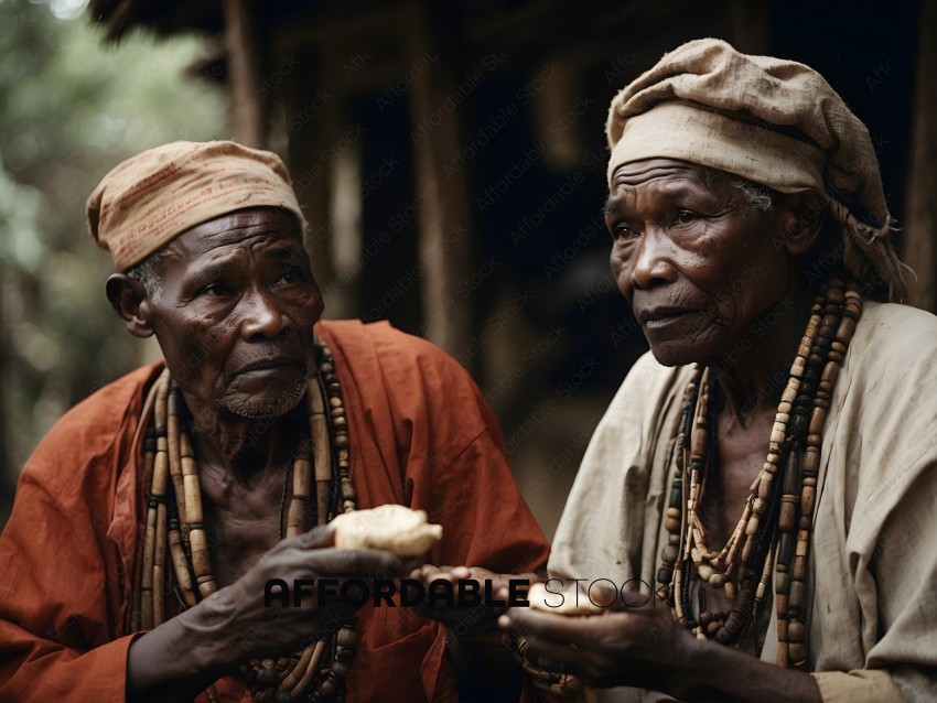 Two men with beads around their necks eating food