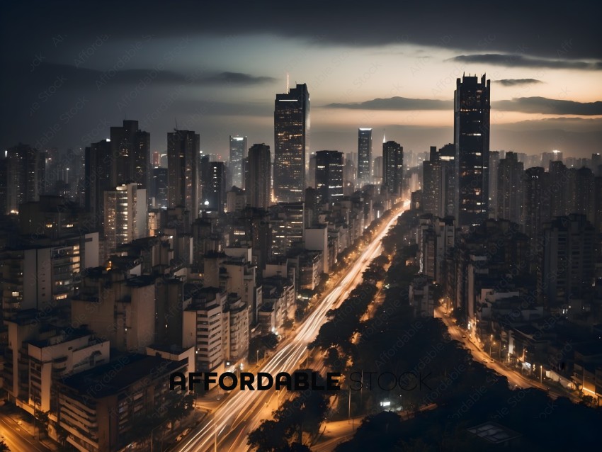 A cityscape at night with a long road and buildings
