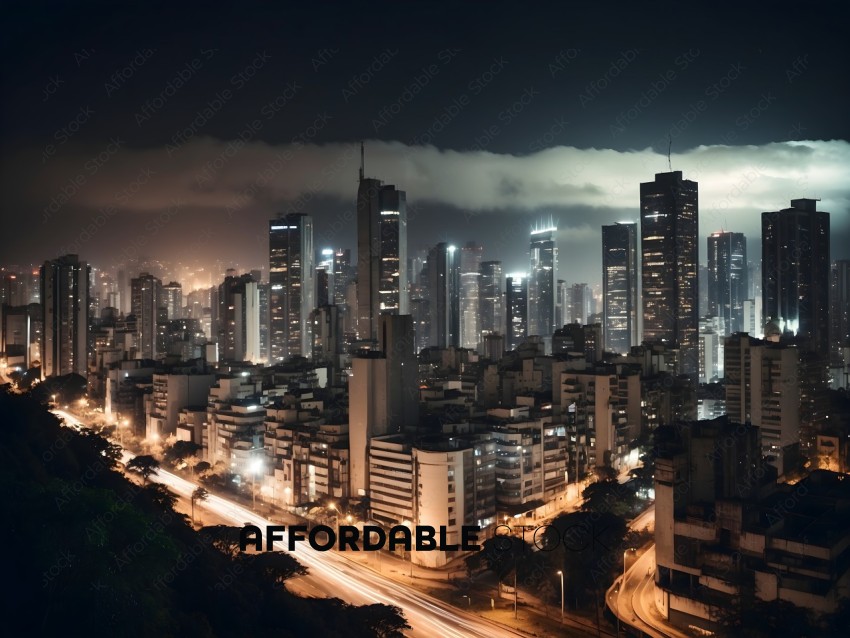 A cityscape at night with a cloudy sky