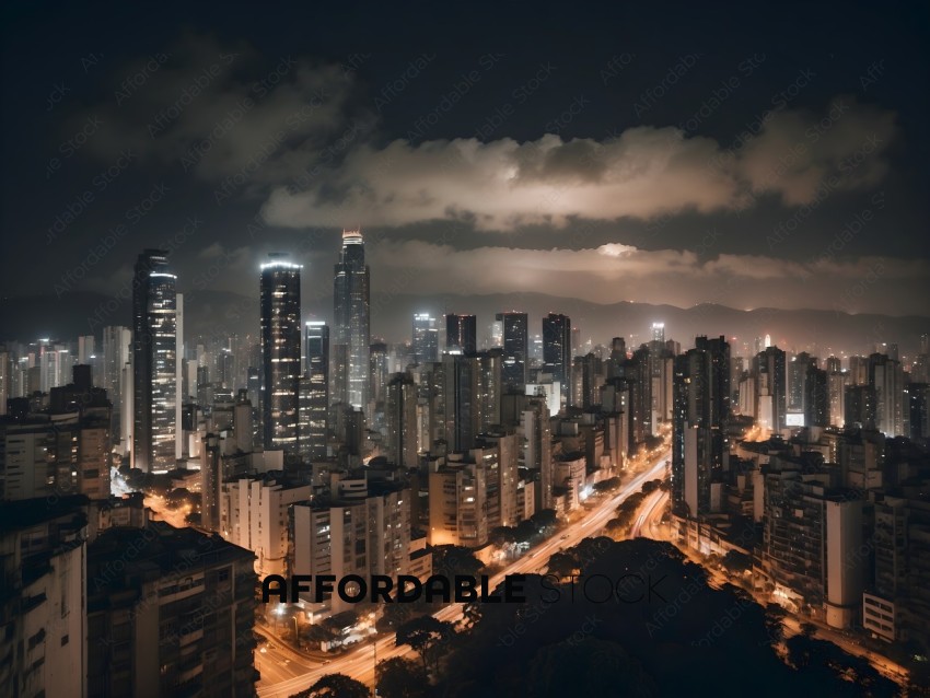 A cityscape at night with a cloudy sky