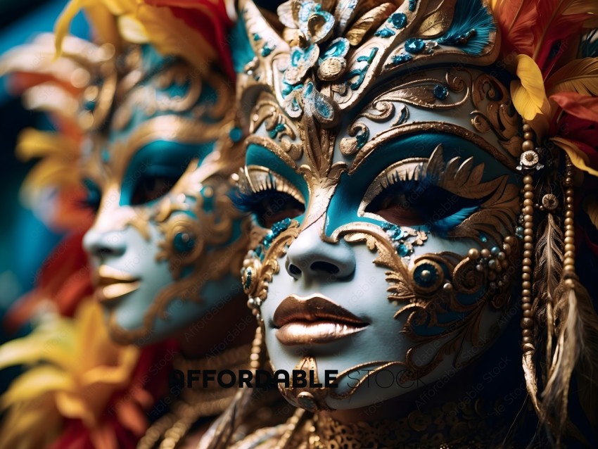 Masked performer with gold and blue face paint