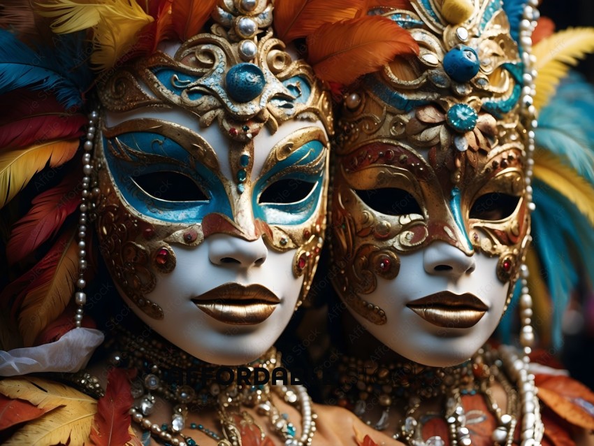 Two gold masks with blue eyes and orange feathers