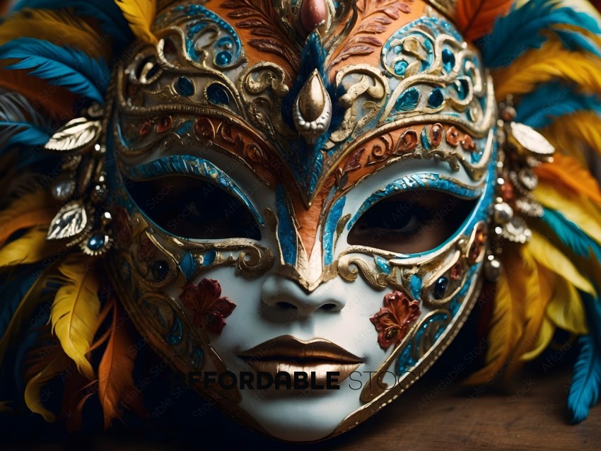 A gold and blue mask with a lot of detail