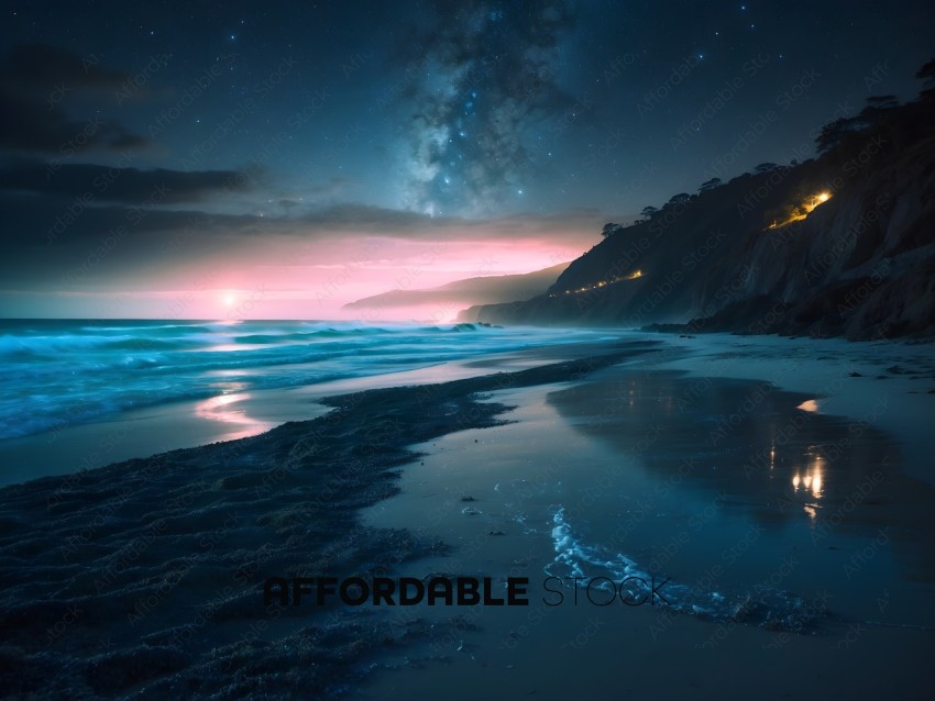 A beautiful beach at night with a starry sky