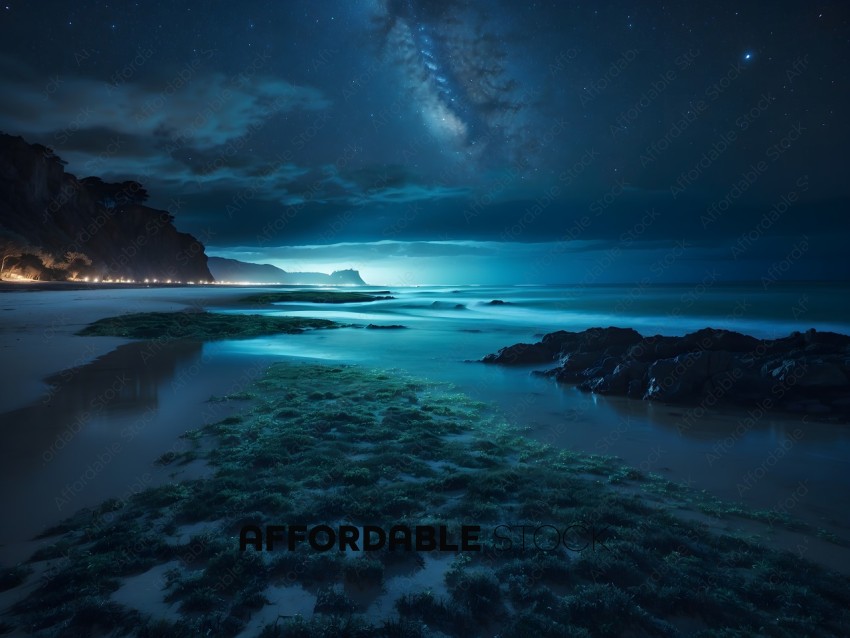 A nighttime beach scene with a starry sky