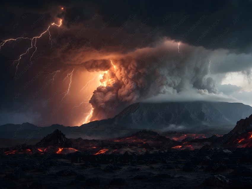 Volcano Erupting with Lightning