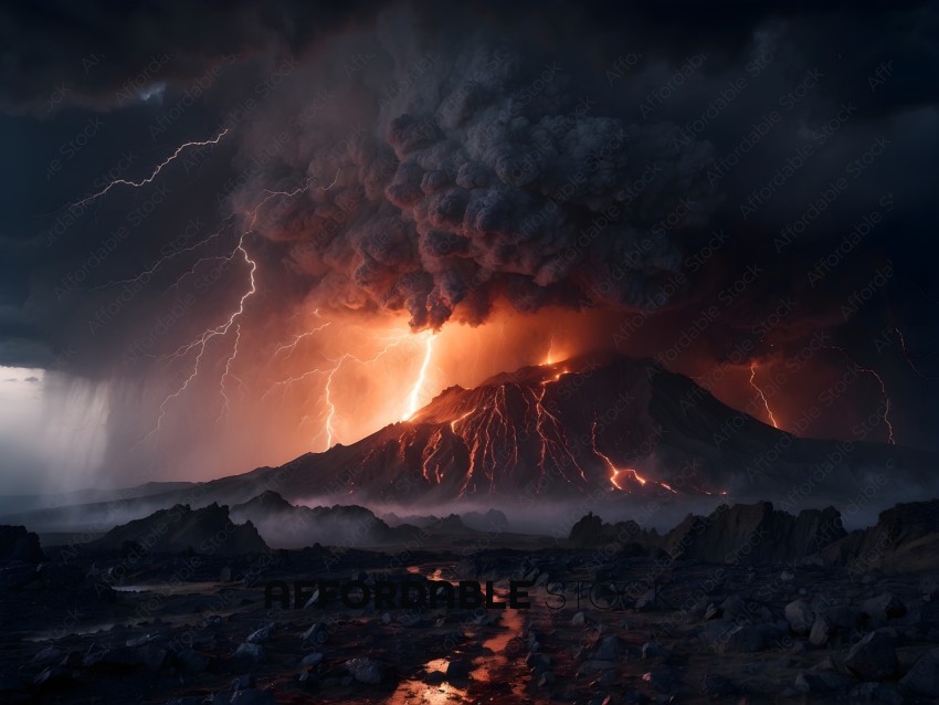 Volcano Erupting with Lightning