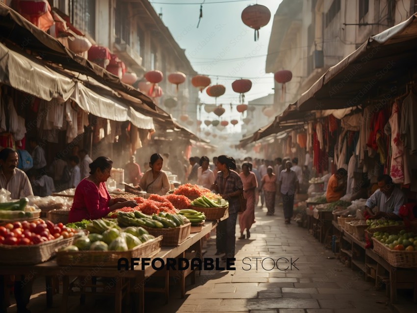 People shopping at an outdoor market with a variety of fruits and vegetables