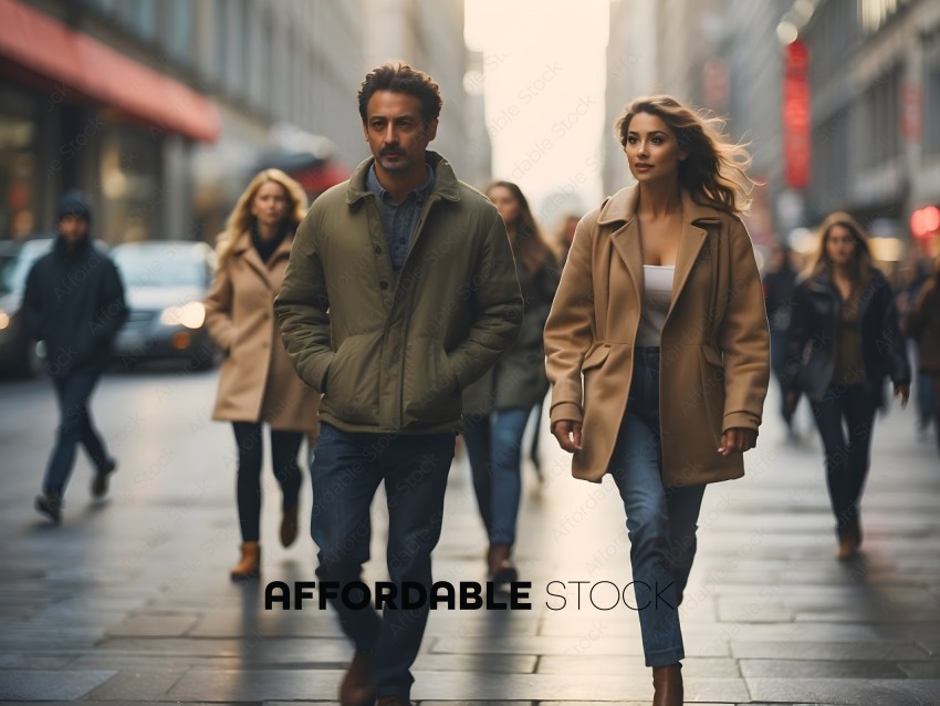 A couple walking down a busy street