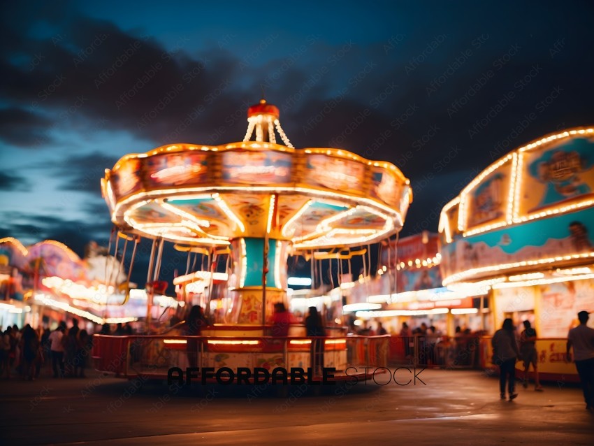 People Riding a Carousel at Night