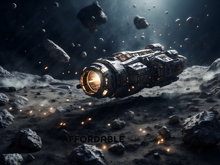 A spaceship with a glowing engine on a rocky surface