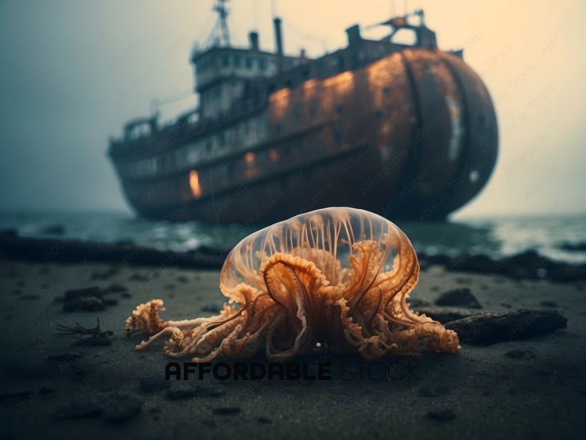 A jellyfish on the beach in front of a boat