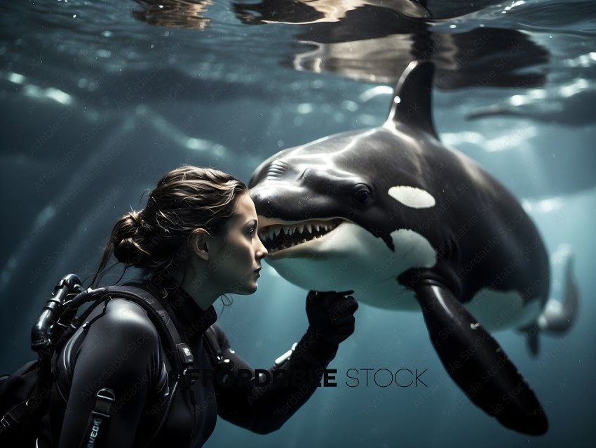A woman in a black wetsuit is petting a black and white whale