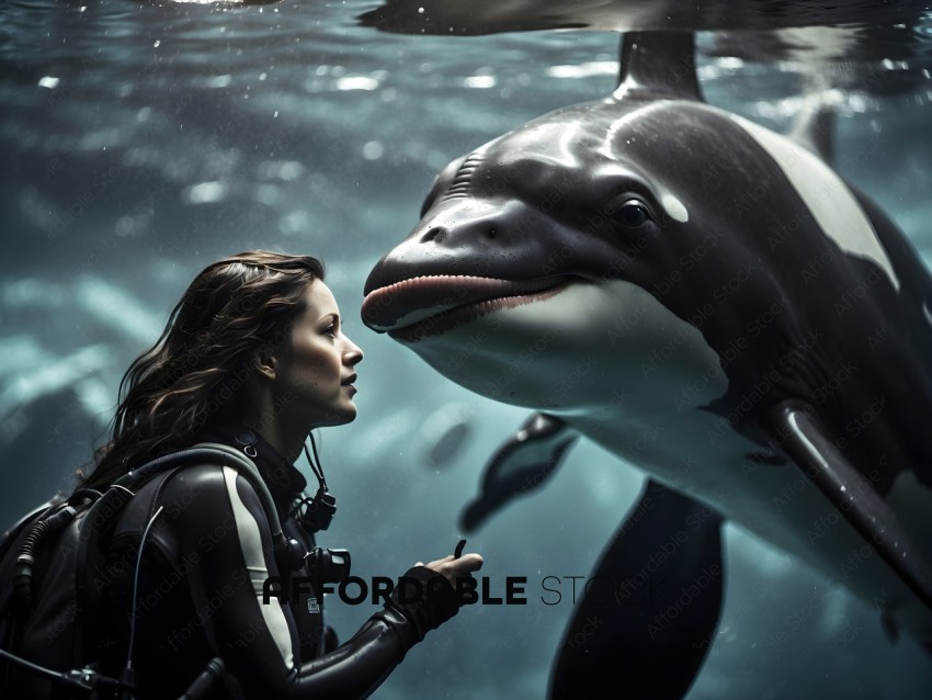A woman in a black wet suit is looking at a black and white whale