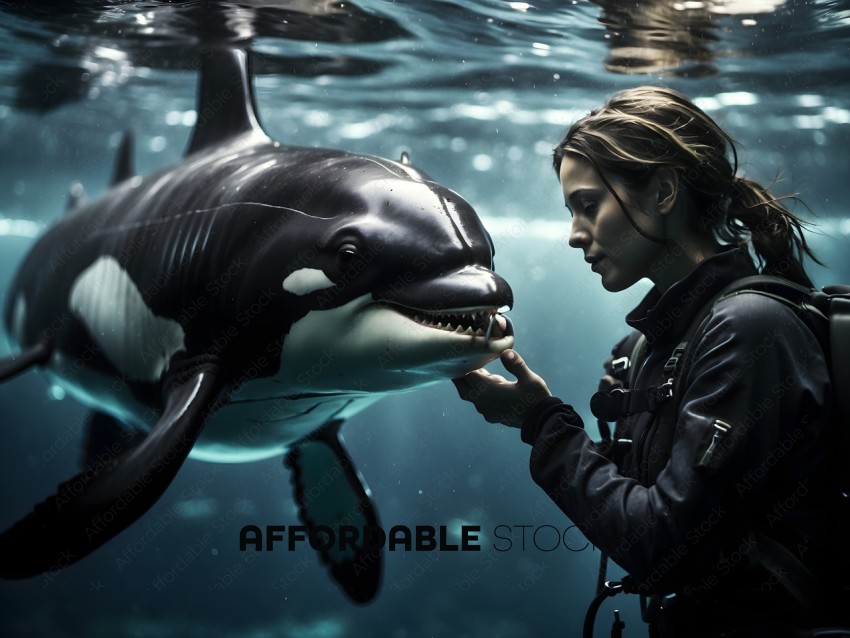 A woman touches the mouth of a black and white whale