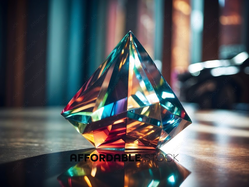 A colorful crystal on a table