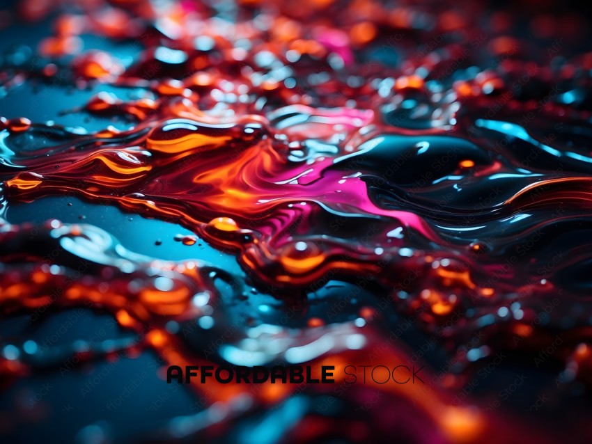 A colorful, swirling liquid with a pink, orange, and blue hue