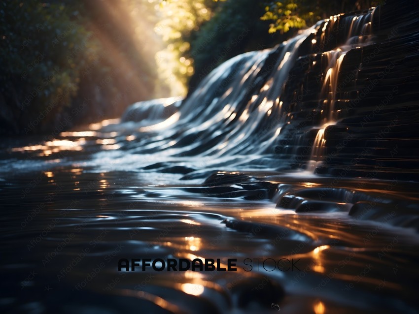A waterfall with a sunbeam shining through