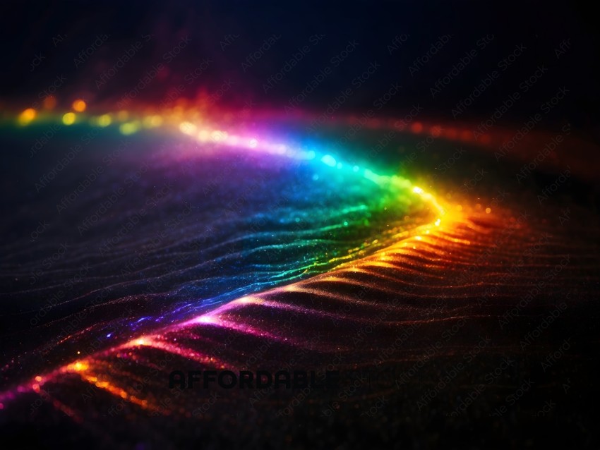 A rainbow colored light is shining on a dark surface
