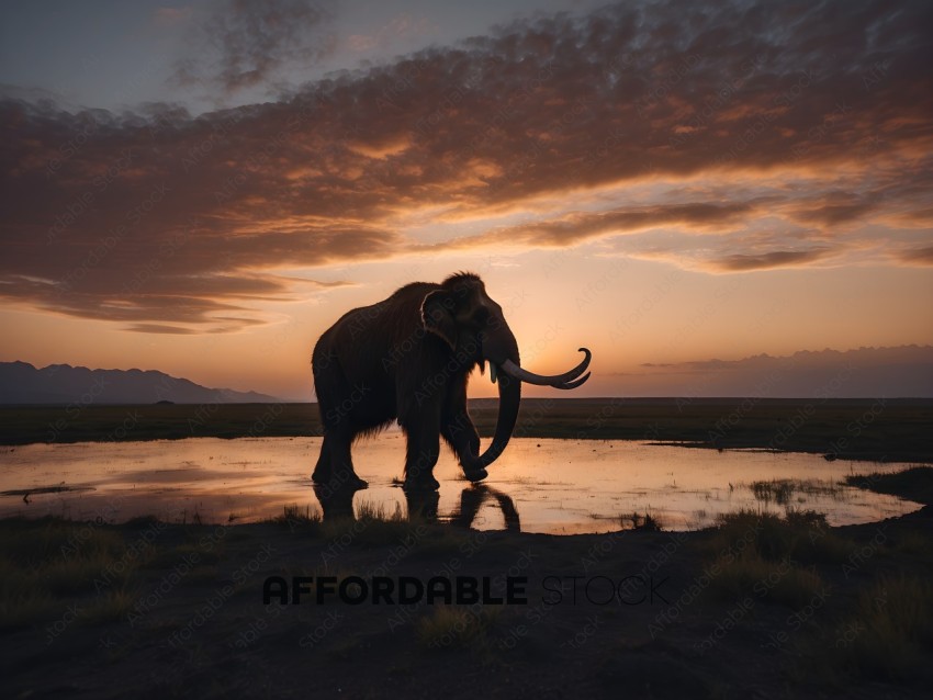 An elephant in the wild at sunset