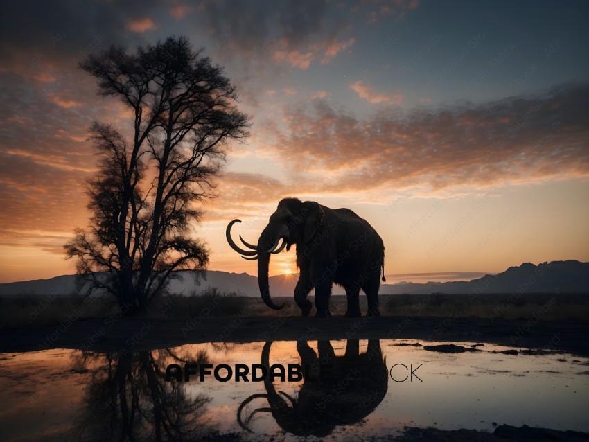 An elephant walking through a muddy watering hole at sunset